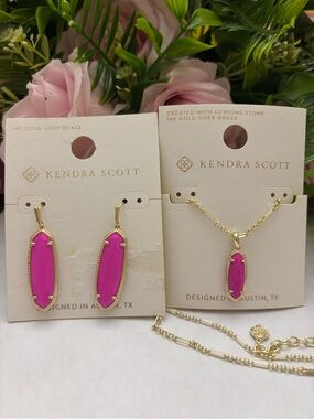 NWT Kendra Scott set of Eleanor earrings + Eva necklace in gold magenta